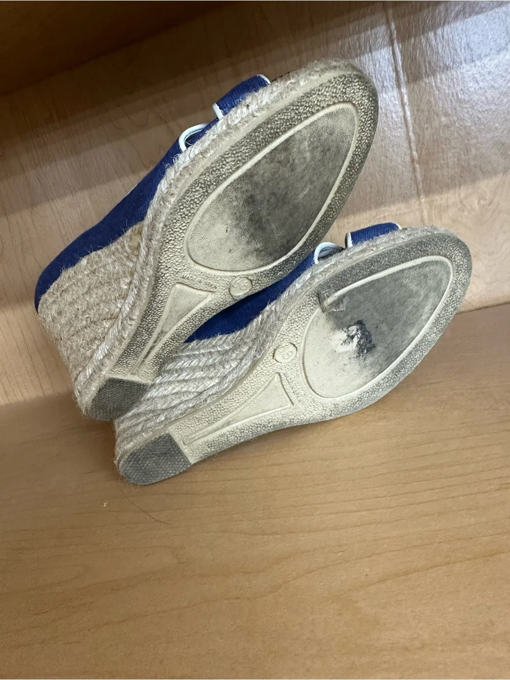 Boden Navy Espadrille Wedge Peep-Toe Heels size 38 women’s beige